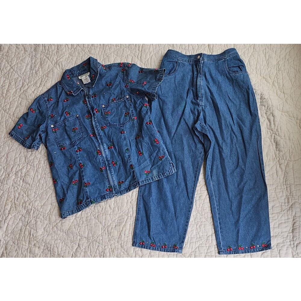 Vintage Quacker Factory Cherries Jacket Shirt Capri Jeans Denim Set Women MEDIUM